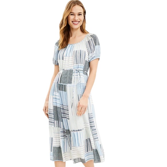 Ann Taylor LOFT Patchwork Tie Waist modest classy Tiered Midi long Dress Sz M - Picture 3 of 11